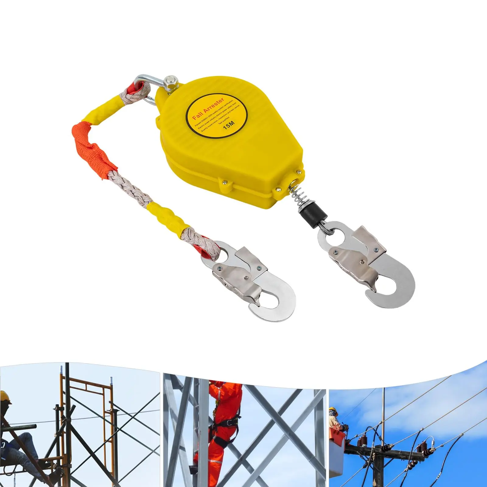 Sturdy 49.21ft Self-Retracting Lifeline Fall Arrester with 330 lbs Cap., Anti-Ratchet, Rubber-Coated Aluminum Hook, Nylon-Reinforced Steel Wire Rope, PP Components & 1 English Manual for Engineering Construction