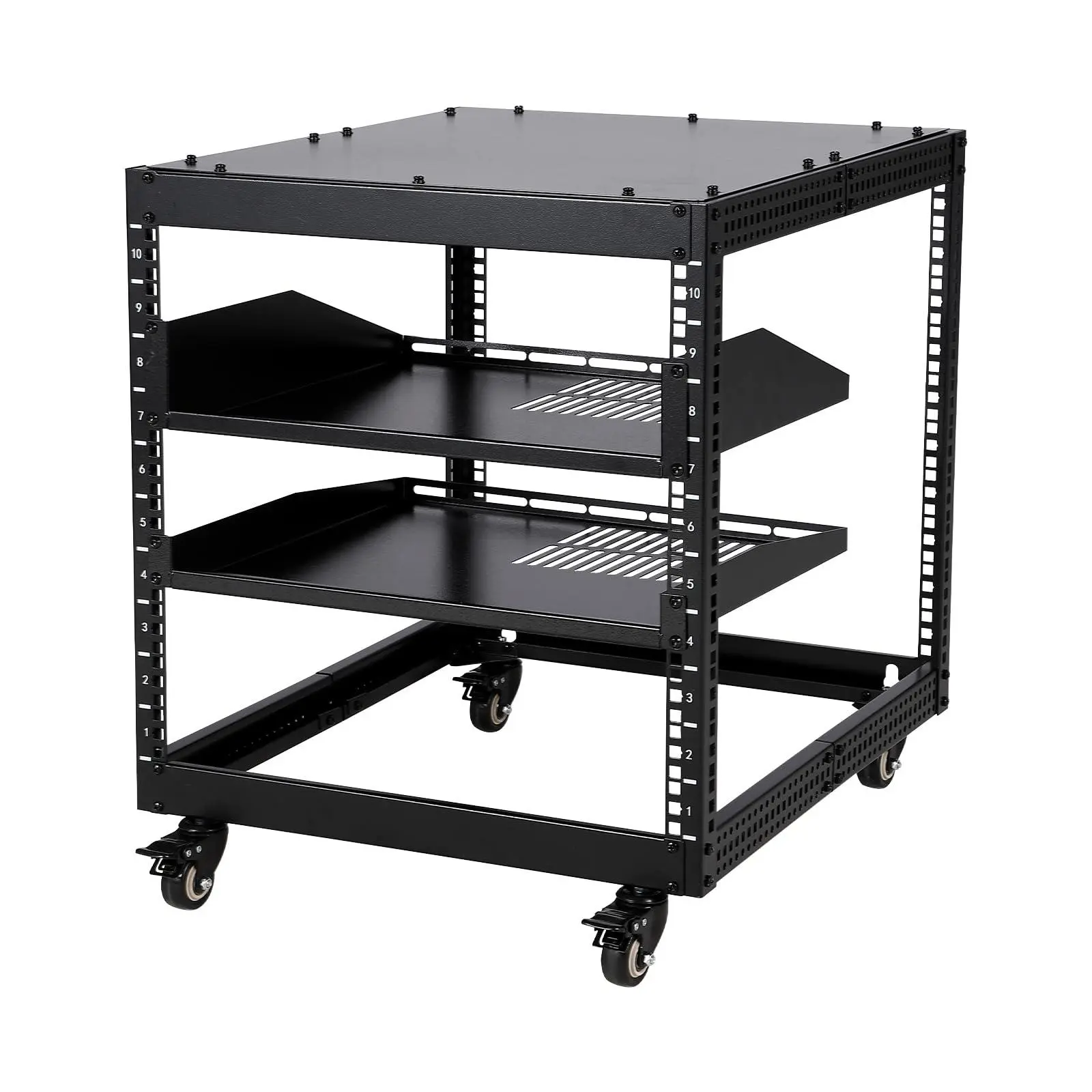 Height-adjustable 10U open server and network rack made of carbon steel – 2 ventilated 1U shelves, 4 lockable casters, floor/wall mountable – For IT, AV & network equipment – ​​Color: Adjustable