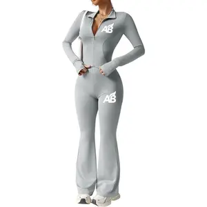 Womens 2 Piece Tracksuit Set - Long Sleeve Zip Up Top with Collar & High Waist Flared Pants - Stylish Casual Loungewear Outfit for Gym, Workout, Travel, Running & Everyday Comfort | Grey, (Medium)