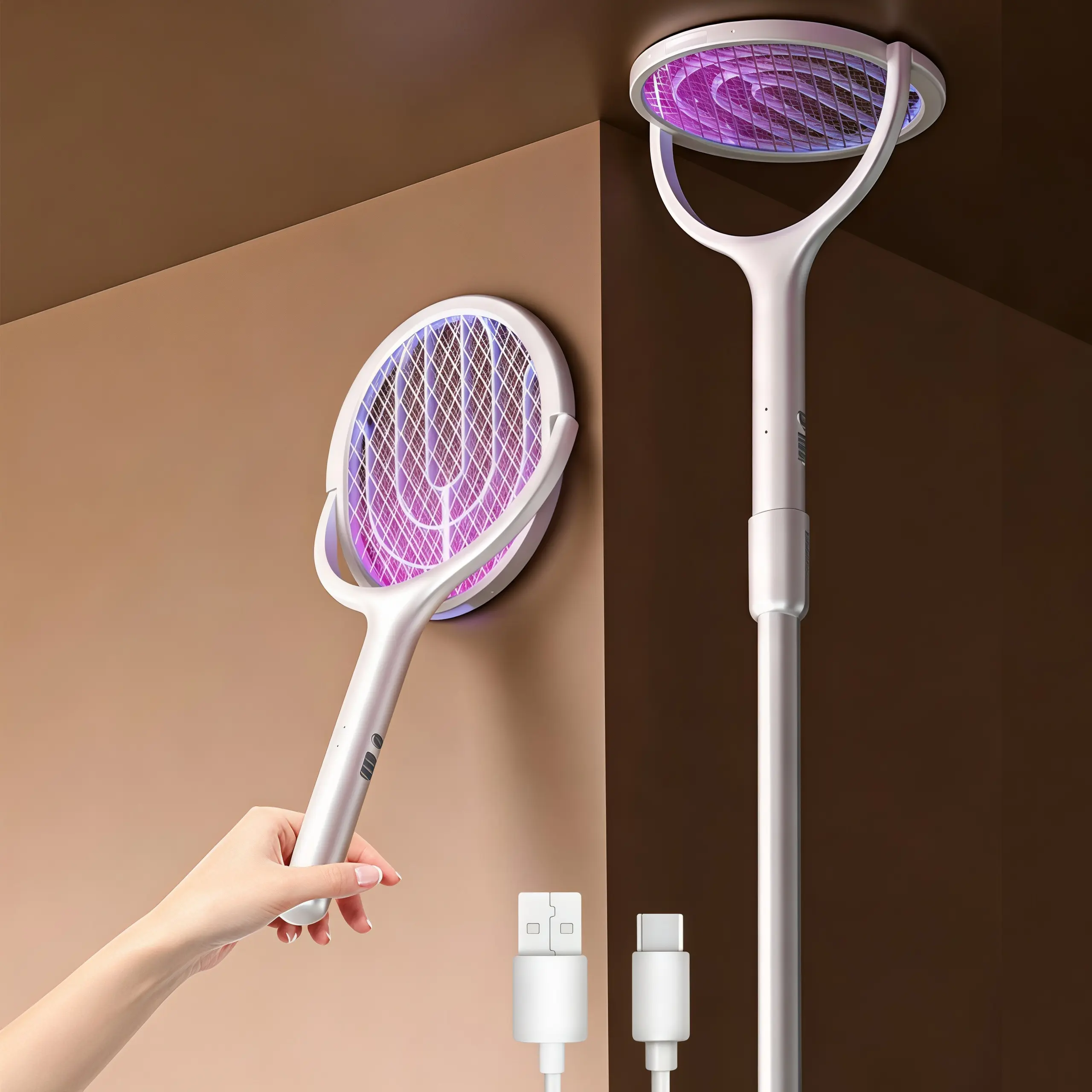 LMMAKE 1PC Electric Fly Swatter Racket | Telescopic Extension, Rotating Head, Rechargeable, USB-C Charging, Suitable for Indoor Use Against Mosquitoes and Flies