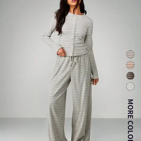 Women's 2-Piece Wide Leg Pants and Long Sleeve Striped Matching Set, Casual Spring & Fall Knit Cardigan, Perfect for Comfort and Fashion