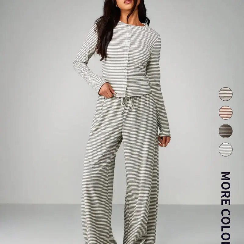Women's 2-Piece Wide Leg Pants and Long Sleeve Striped Matching Set, Casual Spring & Fall Knit Cardigan, Perfect for Comfort and Fashion