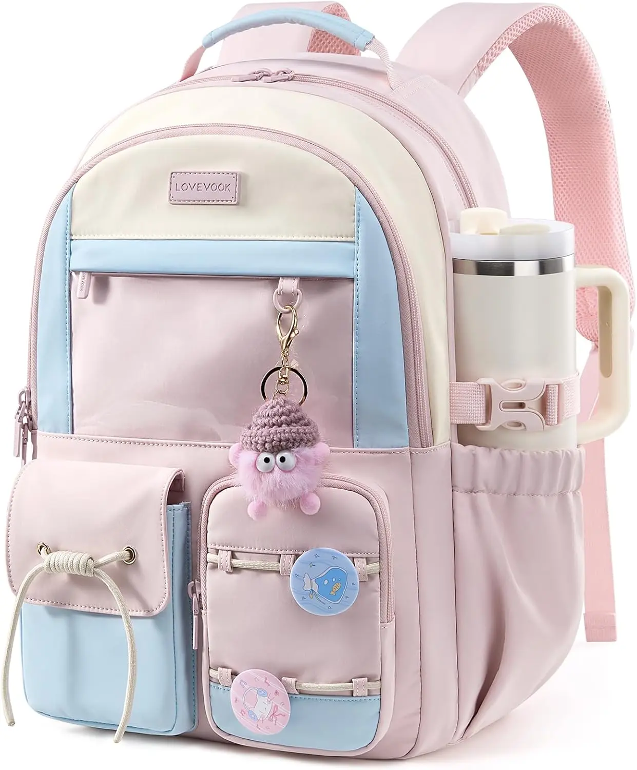 LOVEVOOK School Backpack for Teen Girls, Cute Student Kids Bookbag Ita Bag | Ages 8-16,Back to School,Large Cup Holder,DIY,Fit 15.6"Laptop,Multiple Pockets,College Travel Backpack,Clear Display Pocket