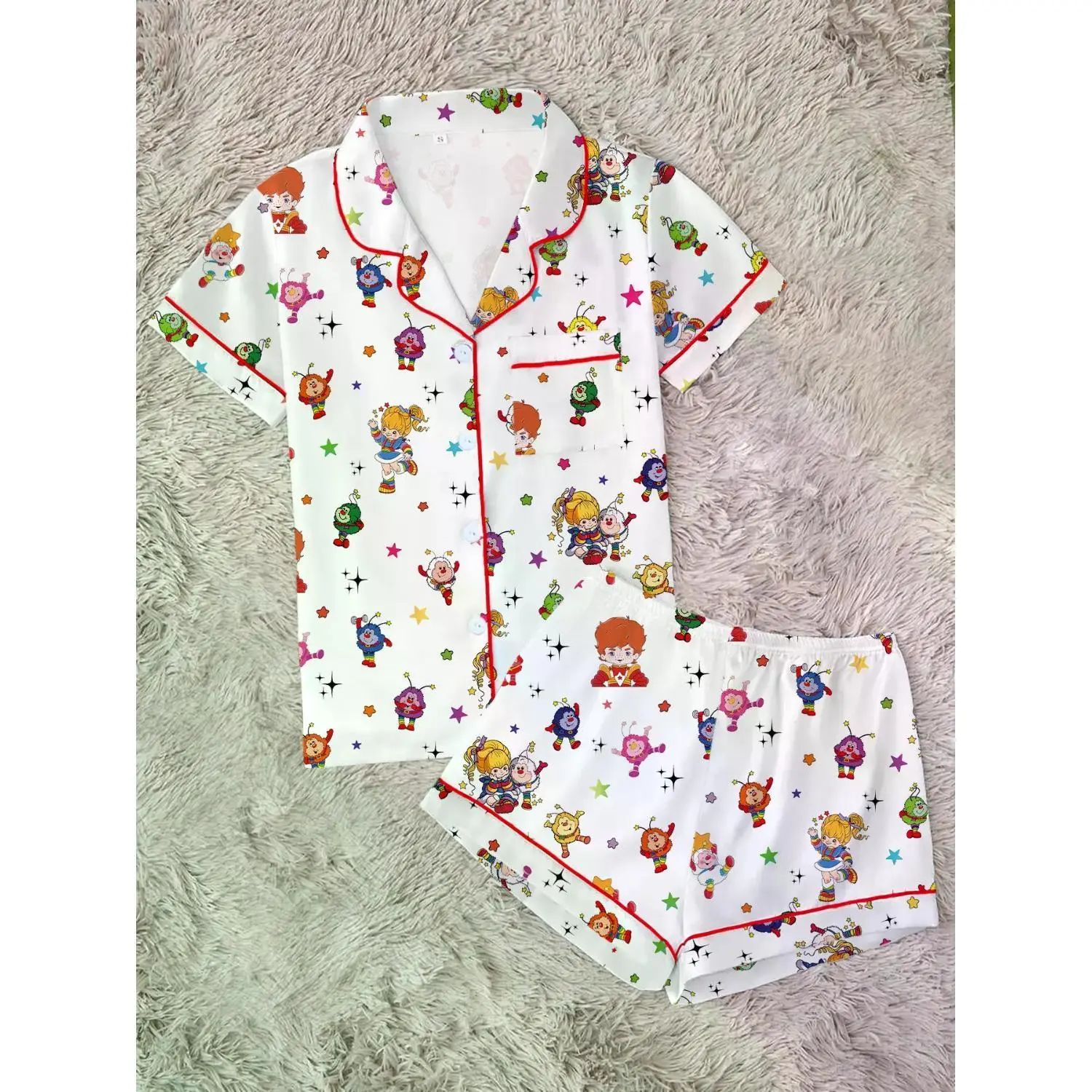 Rainbow Girl Print Women's Pajama Set - Short Sleeve Button-Up Top & Elastic Shorts, Comfortable Two-Piece Loungewear for Home