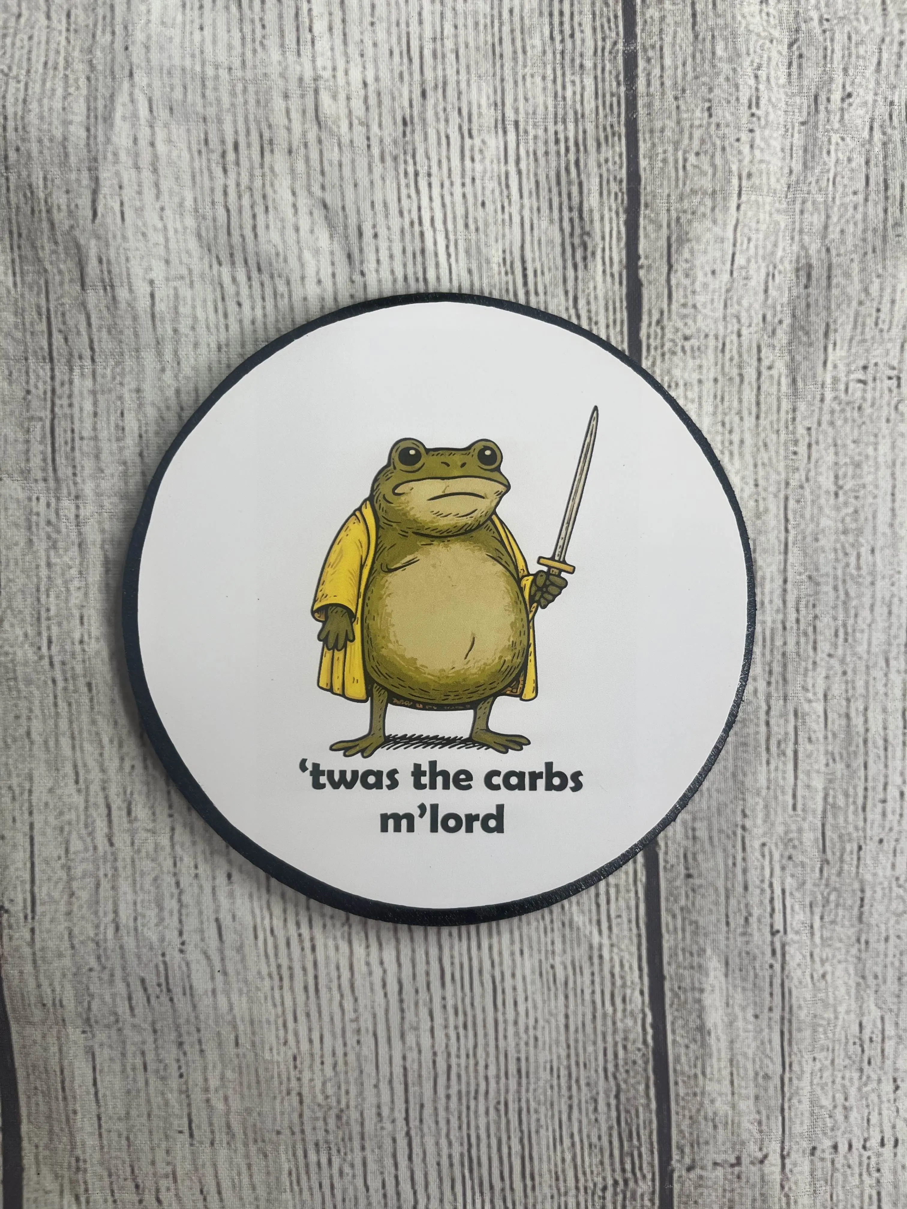 Printed Epoxy Resin Wooden Coaster Set - Animals Frog Knight Design, Acrylic Paint, Waterproof, Durable, Easy-to-Clean Glossy Finish, "Twas the Carbs M'lord" Funny Quote, Kitchen Tableware Accessory with Cover, Ideal Gift for Fantasy Fans, Medieval Humor