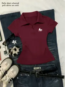 Women's Vintage Polo Shirt, Slim Fit Short Sleeve V-Neck Top, Casual Summer Wear, Stylish Women's Clothing for Daily Use, Womenswear