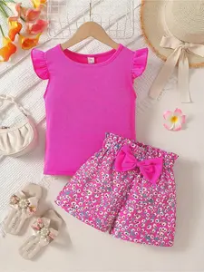 Elladie kids Young Girls 2pcs Set: Pink Knit Round Neck Puff Sleeve Top + Pink Ditsy Floral Bow Decor Short Pants, Suitable For Daily Outings And Play, Fits Girls Aged 4-7, Spring/Summer Pink Ribbed Top For Girls Kids Outfit For Girls Floral Shorts With B