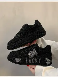 Full Diamond Thick Sole Sport Casual Shoes, Unique Design Handmade Embellished Luxury Thong Dad Sneakers, Party Banquet Multi-Scene Cool Women's Shoes