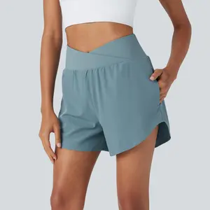 Halara Breezeful High Waisted Crossover 2-in-1 Quick Dry Yoga Shorts with Multiple Pockets