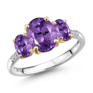 Gem Stone King 2.56 Cttw Purple Amethyst and Lab Grown Diamond Engagement Ring For Women | 925 Silver and 10K Yellow Gold | Oval 9X7MM | February Birthstone