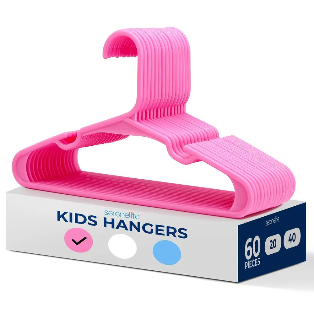 60-Pack Kids Plastic Hangers - Pink | Non-Slip Ultra-Thin Hangers with Shoulder Grooves - Space-Saving Wardrobe Organizer - Everyday Home Essentials