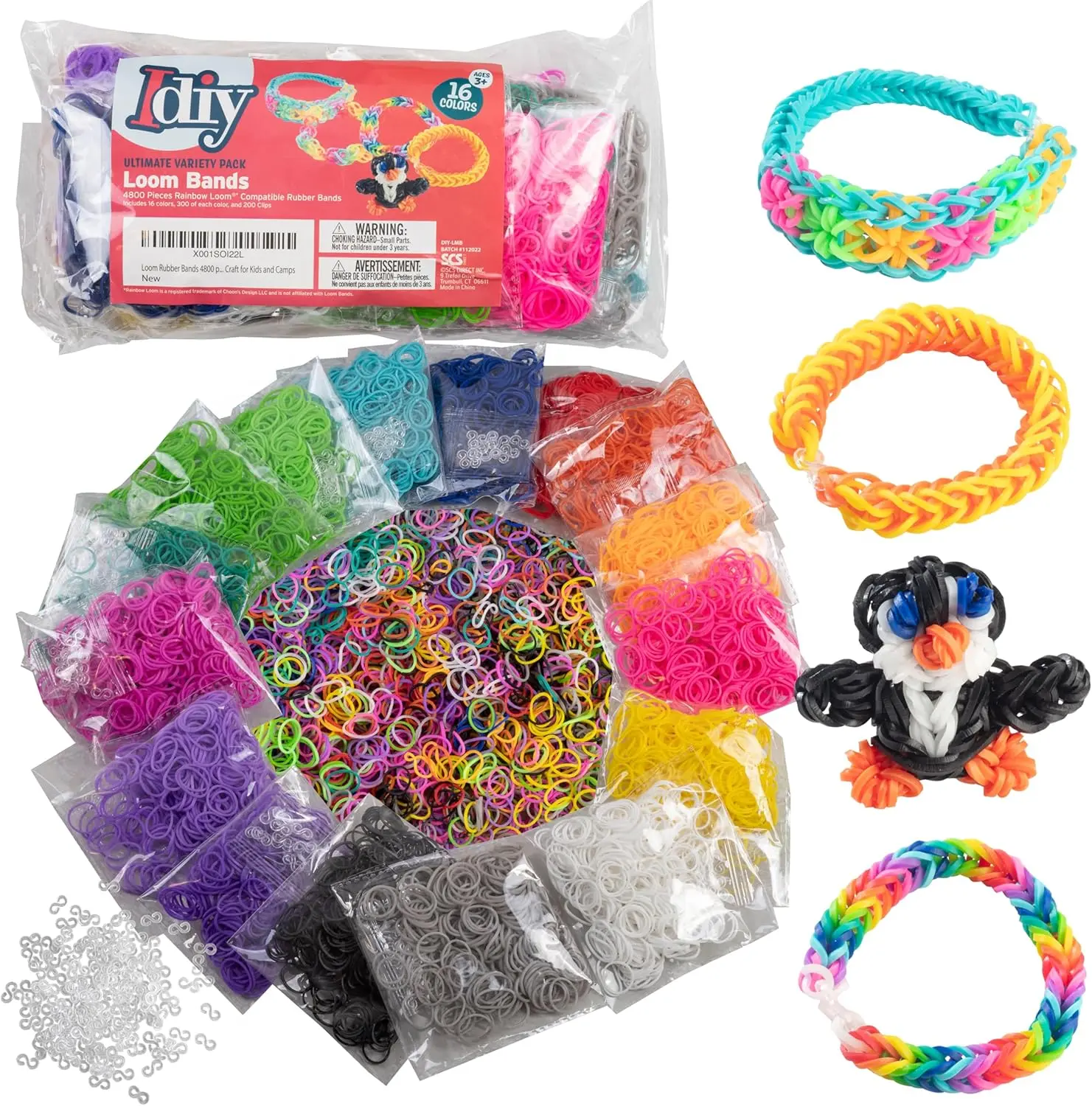 Rubber Bands 4800 pc Refill Kit w 8 Unique Colors (600 of Each) & 200 Clips - Works w All Rubber Band Jewelry - DIY Gift for Girls Boys & Bracelet Making Craft for Kids and Camps