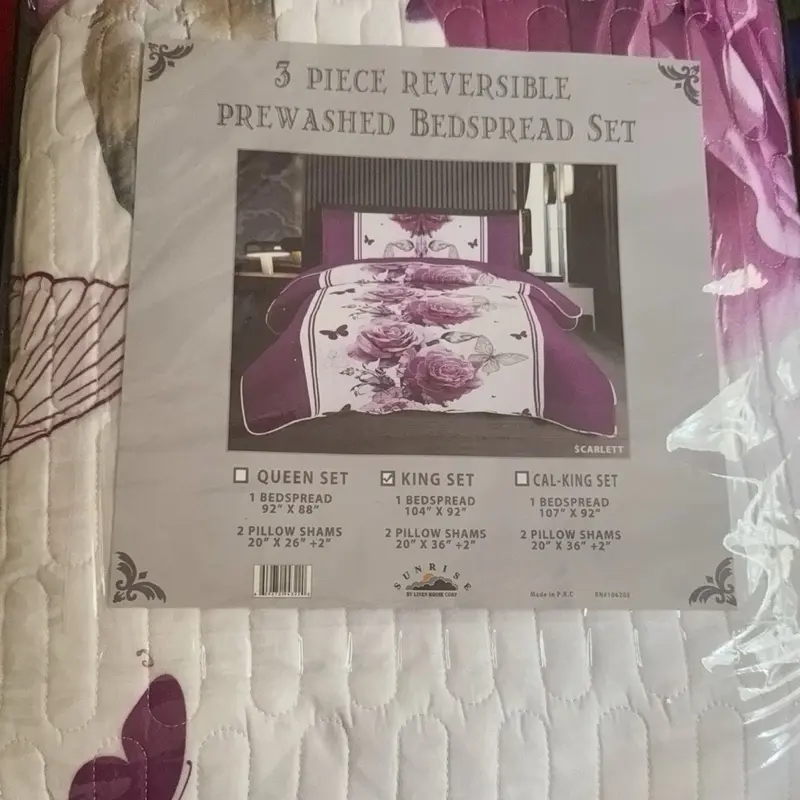 Scarlett 3 Piece Reversible Prewashed Bedspread Set King Size 1 Bedspread 104x92 2 Pillow Shams 20x36+2