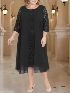 Plus Size Elegant Midi Dress With Lace Paneling Chiffon Lace Sleeves Casual Womenswear