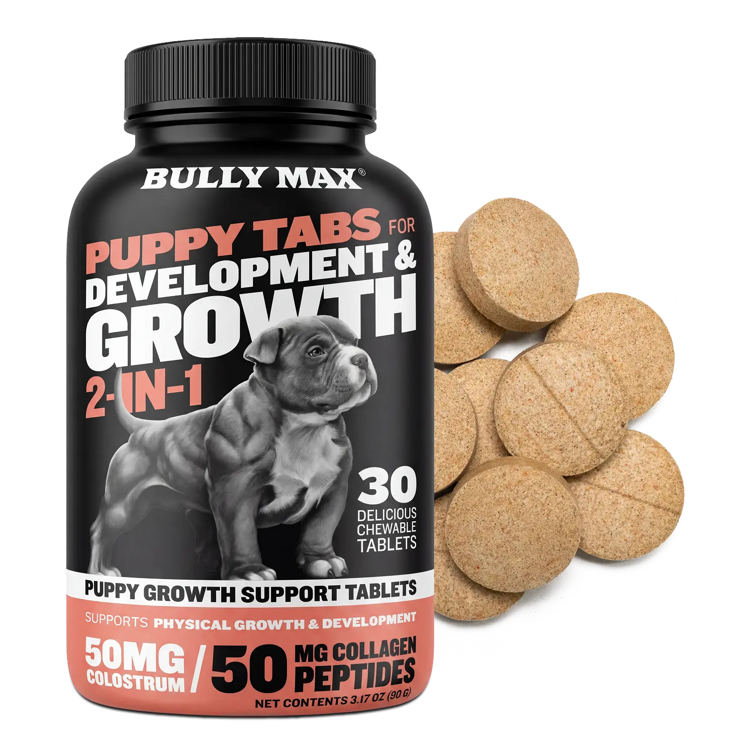 Bully Max 2-in-1 Puppy Tabs for Growth (30 tabs) - Development & Growth Support for Muscle Growth, Immunity, and Wellness - 9,000x Stronger Immune Boost Than Vitamin C