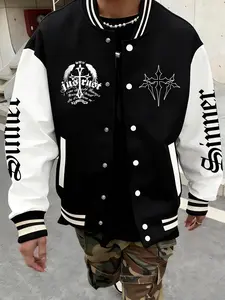 American Street Baseball Jacket Gothic Cross Sinner Letter Print Couple Coat Creative Design Trendy Colorblock Outerwear
