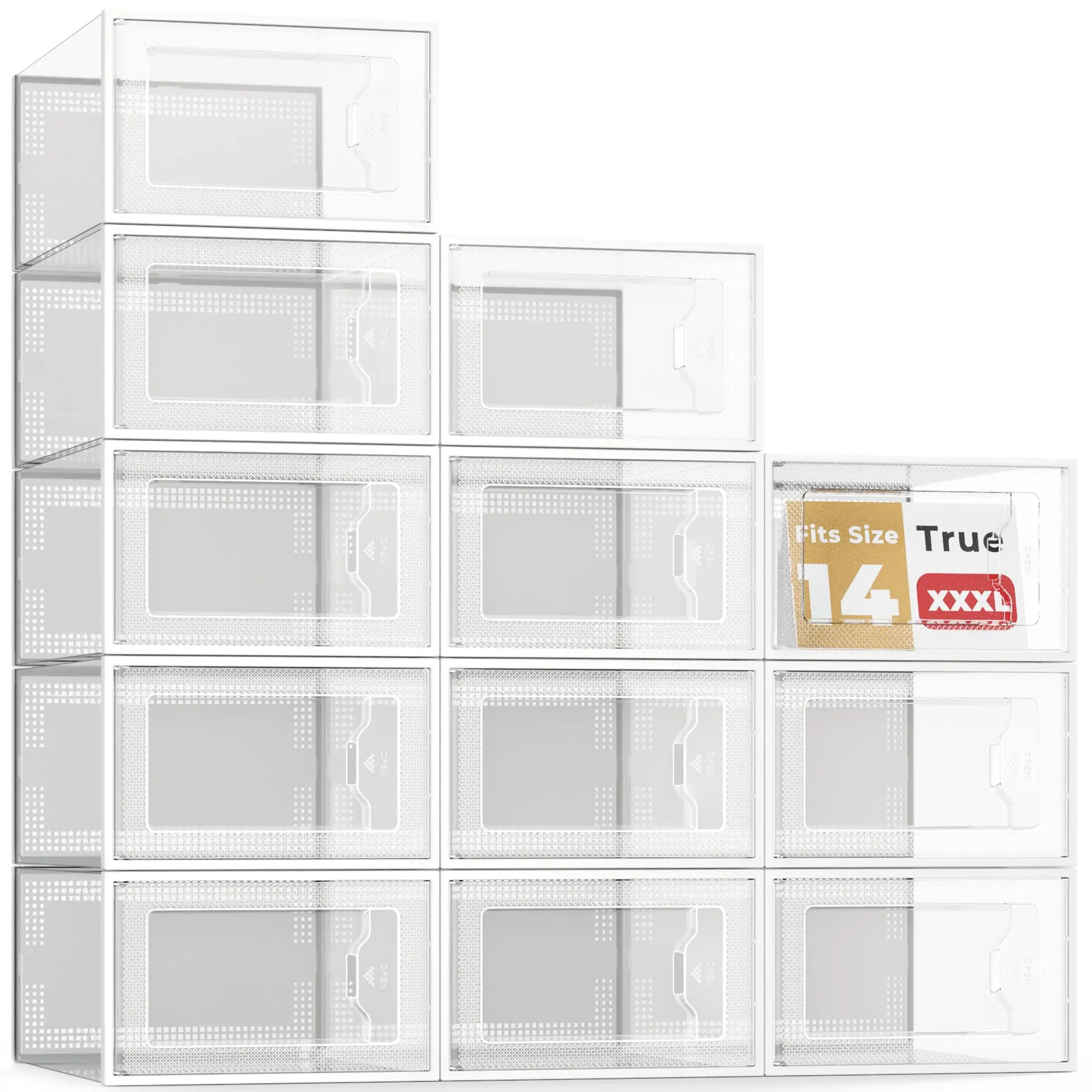 12 Pack XX-Large Shoe Storage Box Fit Size 14, Shoe Organizer for Closet, Clear Plastic Stackable Shoe Boxes, Space Saving Foldable Sneaker Shoe Rack Containers Bin Holder