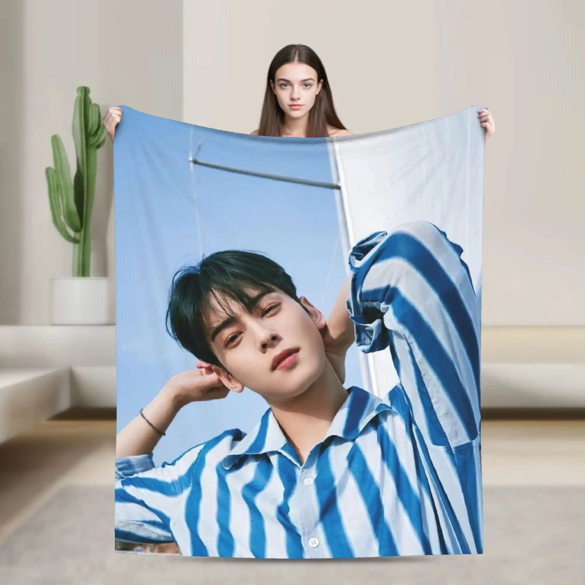 Cha Eun Woo Fleece Throw Blanket, Soft Lightweight Quilt for Bedroom Sofa Travel, Cozy Warm Home Decor, Halloween Christmas Gift for All Ages