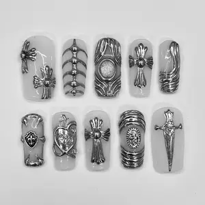 Chrome Hearts Gothic Press On Nails | Long Coffin Silver Cross 3D Charm Set | Biker Grunge Punk