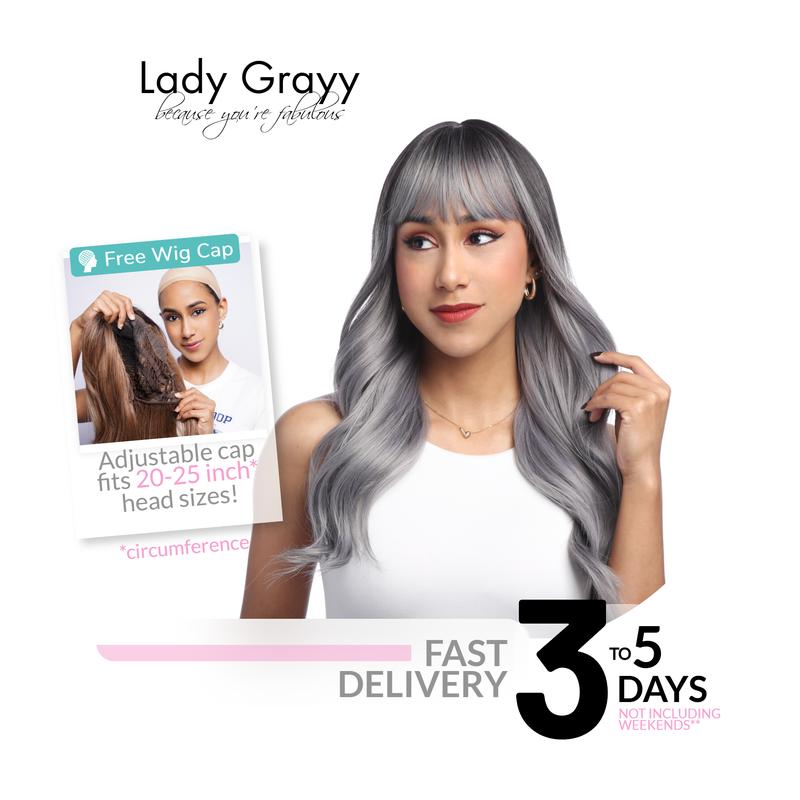 19-Inch Subtle Blue-tinted Smokey Silver Ombré (Black Roots) Gentle Wave Synthetic Wig | 【Heat Resistant】【Cap Included】 | FSGB