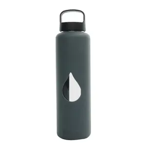 212 MAIN 750ml Reusable Chemical Safe Glass Water Bottle - Grey GG150LC with Loop Cap, Free Silicone Sleeve, Portable Fruit Tumbler, Washable Home Storage Jar