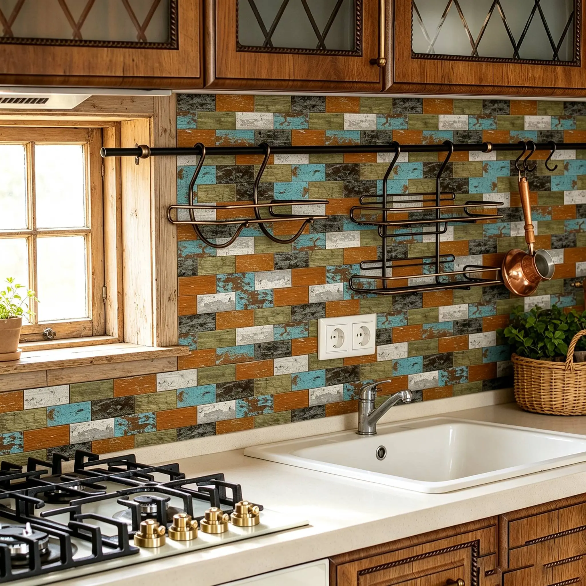 DEWOO 1Pack Vinyl Square Peel-and-Stick Wall Tiles, Vintage Distressed Wood Mosaic Backsplash Stickers, Rustic Farmhouse Decor, Self-Adhesive Removable Waterproof Panels for Kitchen, Bathroom, Renters Friendly