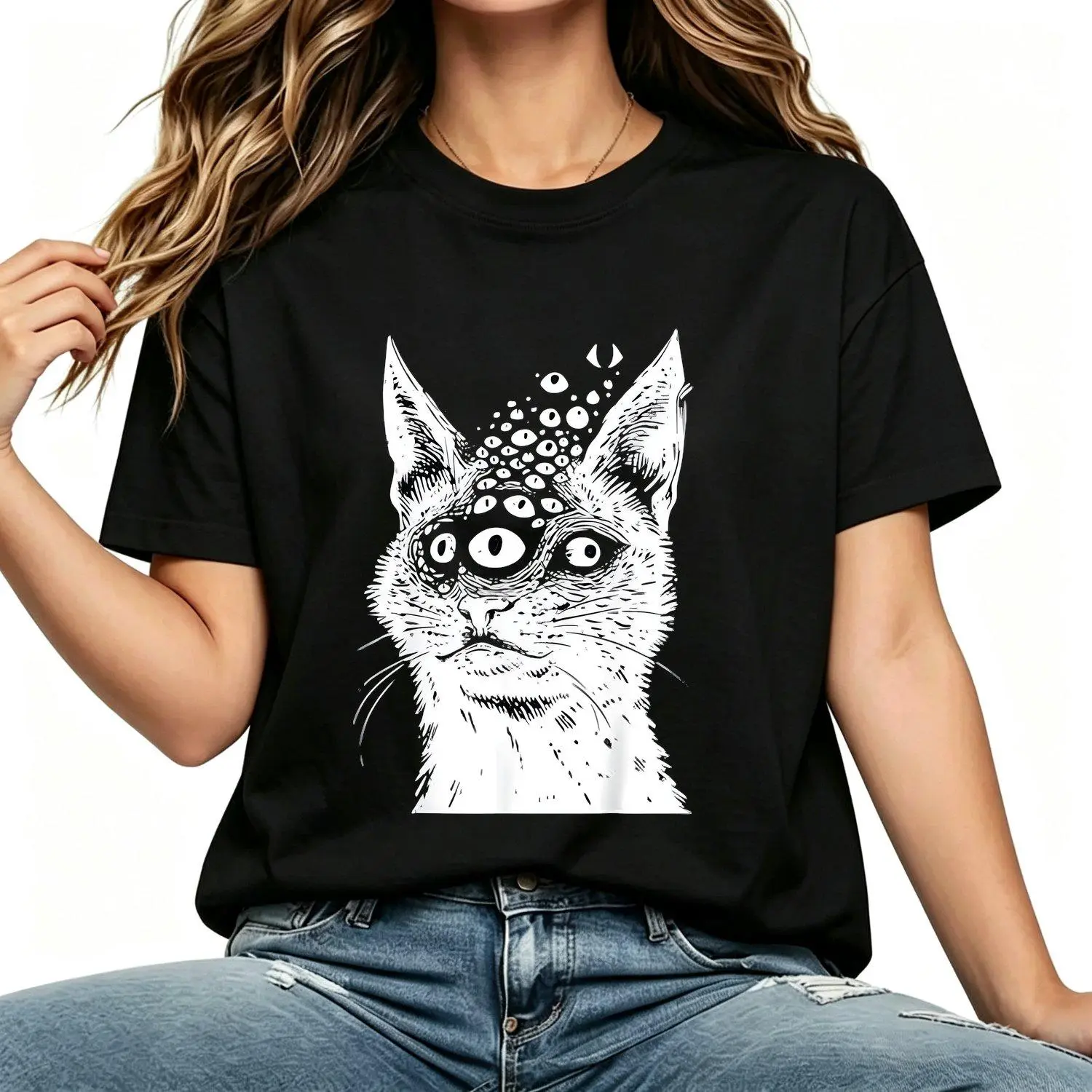 Women's Short-Sleeve Round Neck Casual Graphic Art Print T-Shirt - Weirdcore Cat, Grunge, Alt, Harajuku, Trippy, Creepy, Horror, Goth, Vintage Distressed Aesthetic Alternative Streetwear Punk Tops, Shortsleeve