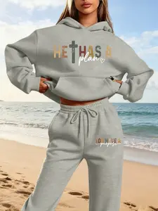 Hooded Sweatshirt Set for Fall & Winter, Inspirational Text Print, Religious Cross Design, Casual Daily Wear