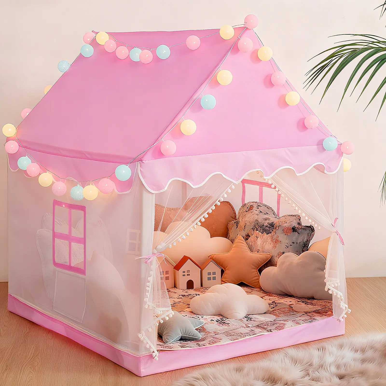 Pink Play Tent for Kids & Toddlers  - Durable Oxford Cloth Kids Playhouse with 15.79mm Thickened Support Poles, Indoor/Outdoor Castle with Breathable Mesh Door & Pockets