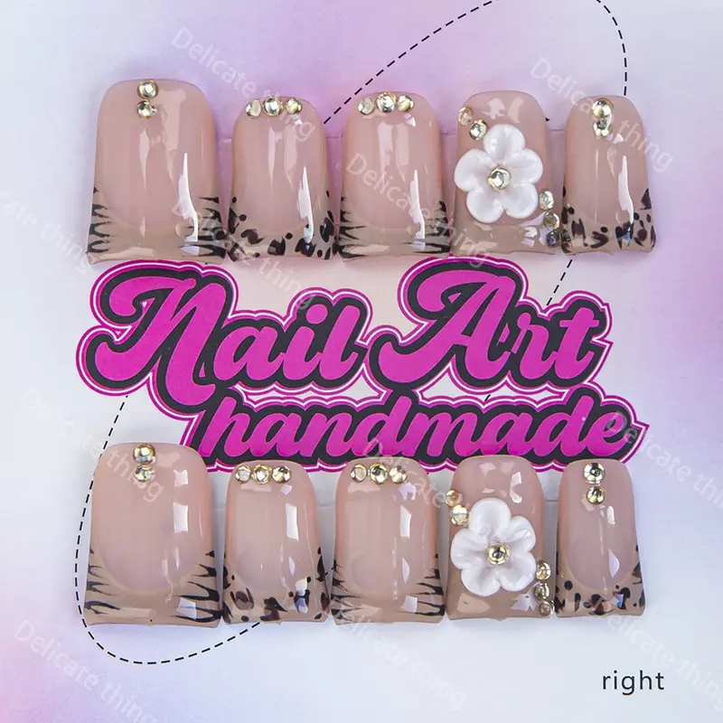 Delicatething Y2K Style Duckbill Nail Set, Handmade French Nail Art Design with Rhinestones, Includes Adhesive Jelly Glue & Dead Skin Pusher