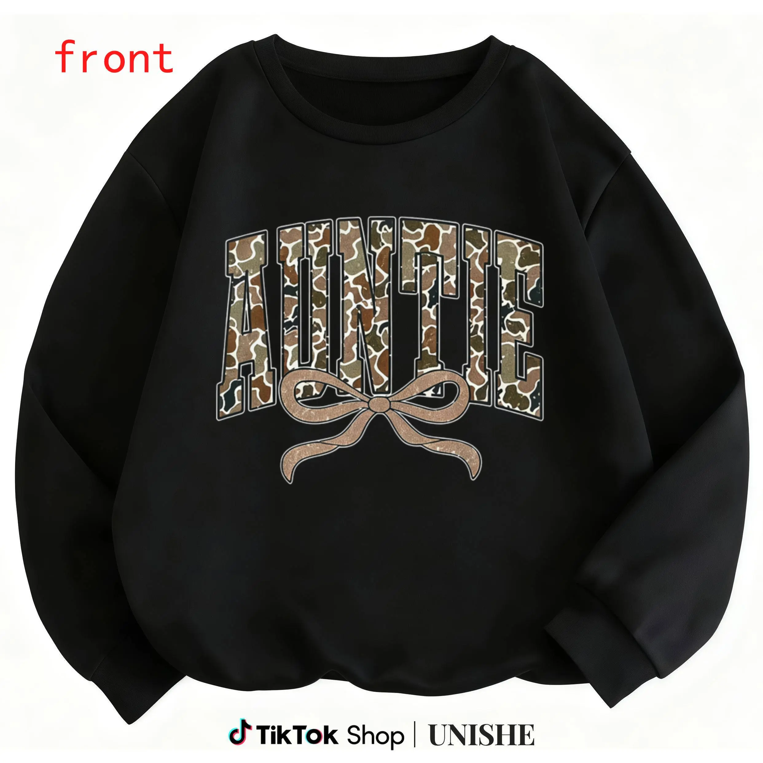100% Retro Style Camo Sweatshirt – Auntie Coquette Bow Design, Long Sleeve and Cozy Fit Fabrics Hoodie