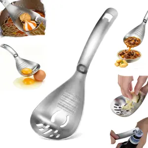 Heavy Duty 304 Stainless Steel Potato Masher, 5-in-1 Multifunctional Kitchen Tool, Egg Yolk Separator, Garlic & Ginger Grater, Slotted Draining Spoon, Food Grade Masher for Potatoes, Avocado, Beans & Veggies, Dishwasher Safe Easy Clean Kitchen Gadget