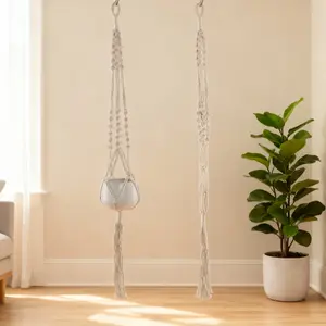 Elegant 41" Long Hanging Macrame Planter Hanger Sturdy Rope Material for Indoor Use White Color Enhances Aesthetic Appeal Precise Dimensions for Small to Medium Planters