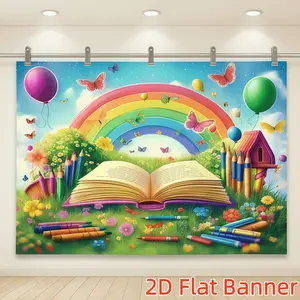 1PC,2D Flat Customize Backdrop Fairy - tale Style Rainbow Book & Butterfly Decorative Backdrop,Party Decoration Backdrop for Kids' Festivals,Kindergarten Event Decor Curtain,Birthday Party Background