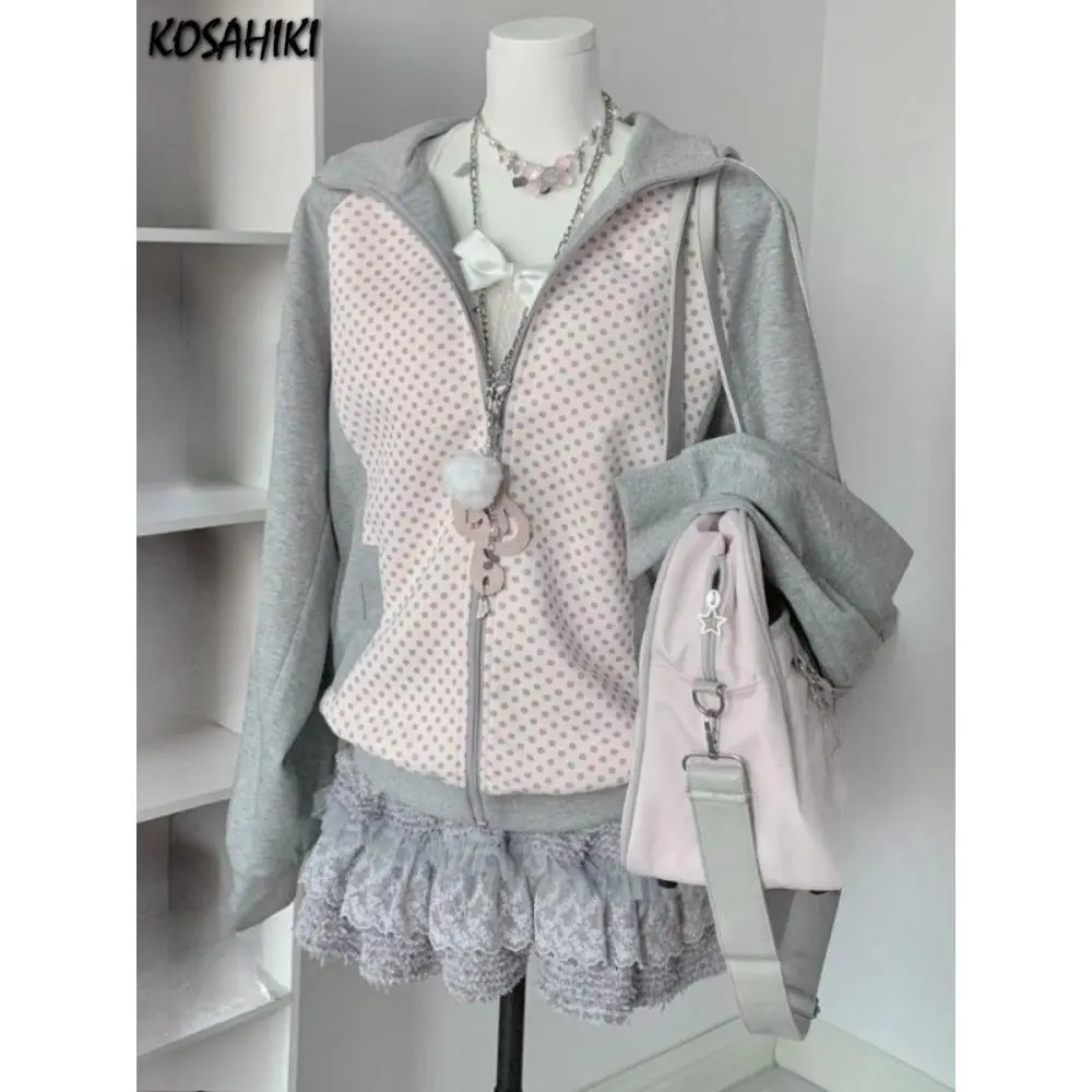 Japanese Polka Dot Patchwork Hooded Coat Y2k Aesthetic Women Contrast Color Casual Loose Jackets Harajuku Autumn Zipper Jacket