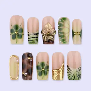 Green Clover Press On Nails with Gold 3D Flower & Tortoiseshell | Medium Square Fake Nails | Handmade Elegant Nail Art for Vacation, Party