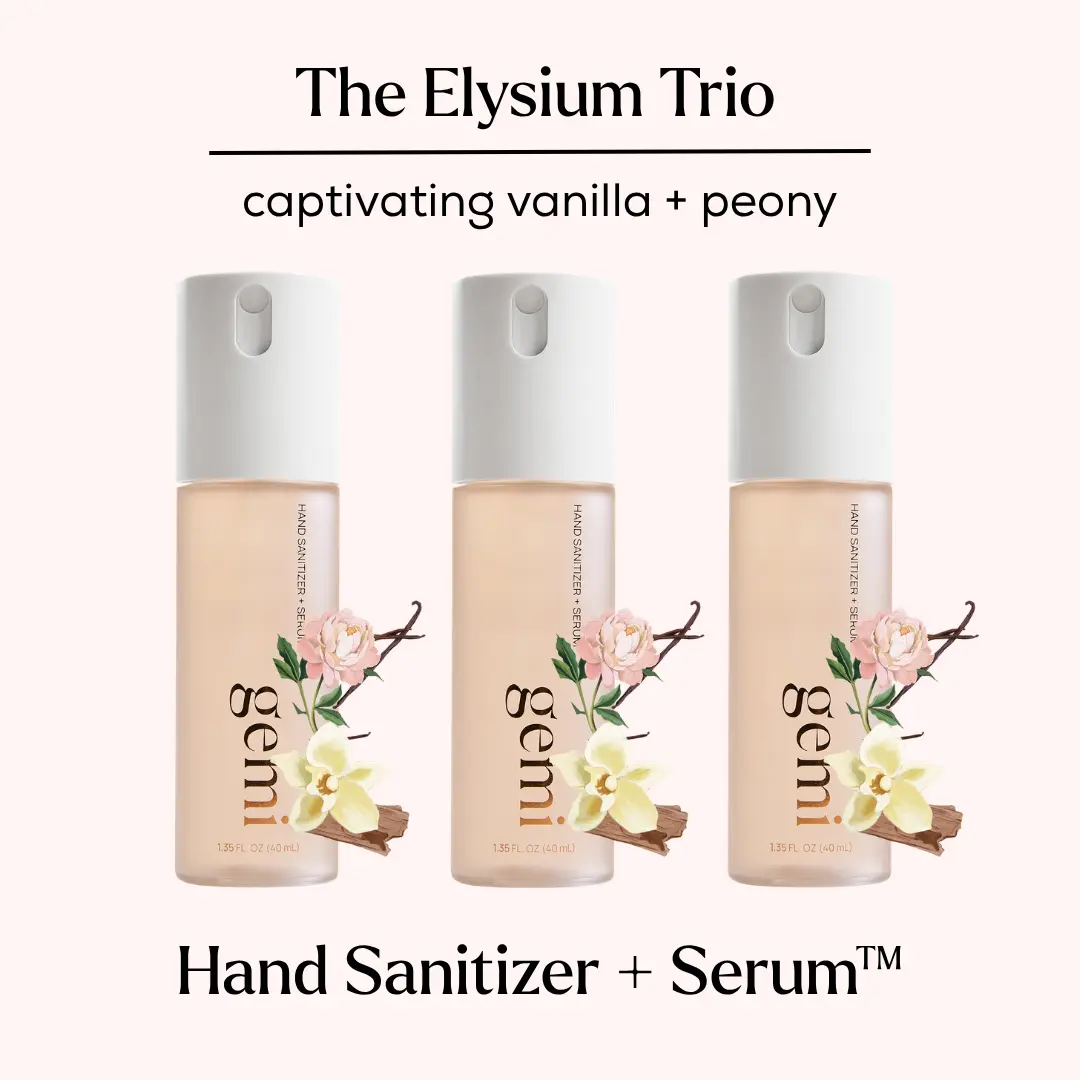 The Elysium Trio Hand Sanitizer | gemi beauty | Hand Sanitizer + Serum Spray | Elysium | Hydrating K-Beauty Formula with Centella, Vitamin B5 & Green Tea | Kills 99.9% of Germs | Amber Floral Scent with Vanilla & Peony