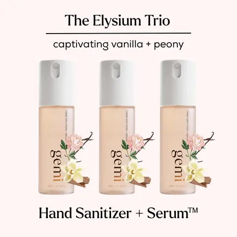 The Elysium Trio Hand Sanitizer | gemi beauty | Hand Sanitizer + Serum Spray | Elysium | Hydrating K-Beauty Formula with Centella, Vitamin B5 & Green Tea | Kills 99.9% of Germs | Amber Floral Scent with Vanilla & Peony