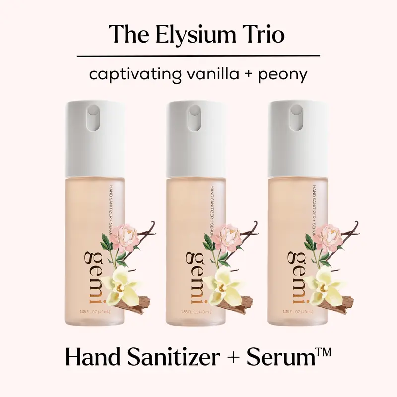 The Elysium Trio Hand Sanitizer | gemi beauty | Hand Sanitizer + Serum Spray | Elysium | Hydrating K-Beauty Formula with Centella, Vitamin B5 & Green Tea | Kills 99.9% of Germs | Amber Floral Scent with Vanilla & Peony