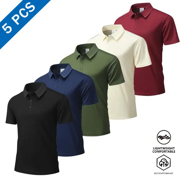 Men’s 5-Pack Lightweight Polo Shirts – Moisture-wicking, breathable, quick-drying short sleeves; suitable for golf, office, and everyday wear