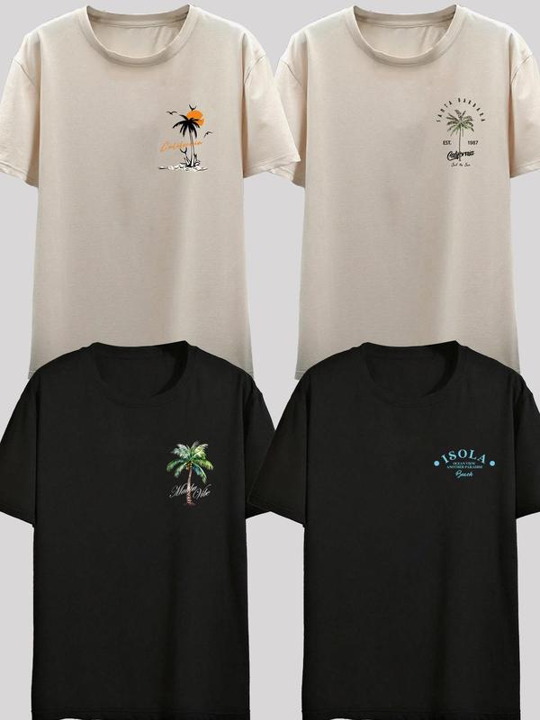 Unisex's Letter & Angel & Palm Tree & Floral Print Round Neck Tee, Regular Fit Casual Short Sleeve T-shirt for Summer, Daily Wear Top for Men Women