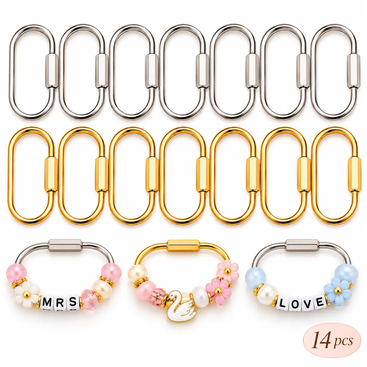 14PCS Oval Screw Lock Carabiner Clips, 7 Gold & 7 Silver Metal Keychain Rings 30x60mm, DIY Keychain Hardware for Bag Charms, Backpack Accessories, Jewelry Making, Handmade Crafts & Gifts