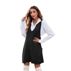 Women's Sweater Vest Oversized V-Neck Sleeveless Knitted Pullover Ribbed Vest Dress with Pockets Fashion New 2025 Autumn Winter New Arrival