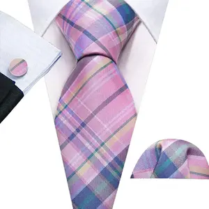 Barry.Wang Pink Plaid Ties With Pocket Square Cufflinks Set Classic Silk Necktie Wedding Business Party Birthday Designer 6525