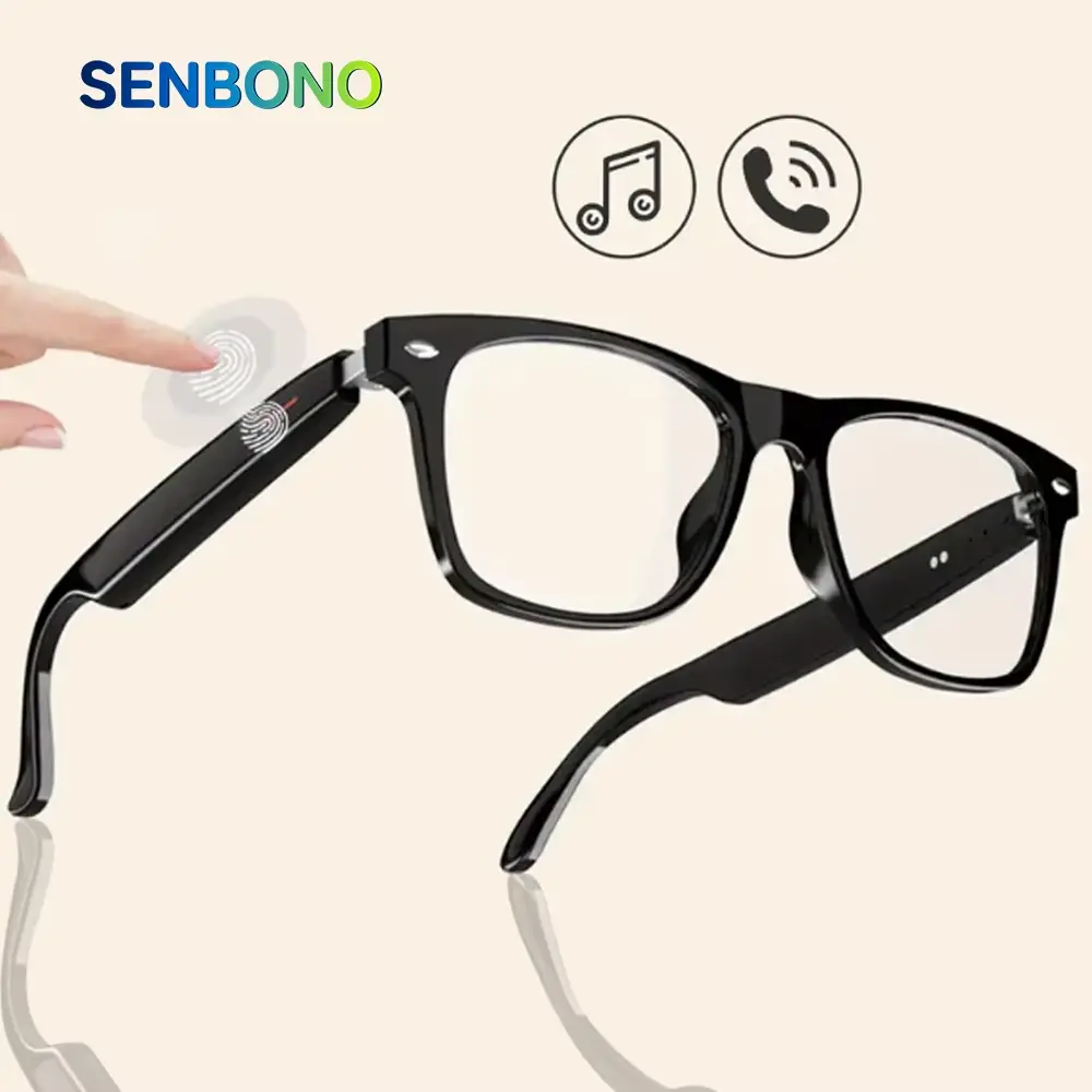 SENBONO Unisex Adults Wearable Smart Glasses - Modern Rectangle Mobile Bluetooth Audio Glasses with Wireless Calls, Call Control, Voice Assistant, Music Player, Magnetic Charging, Portable Rechargeable Design