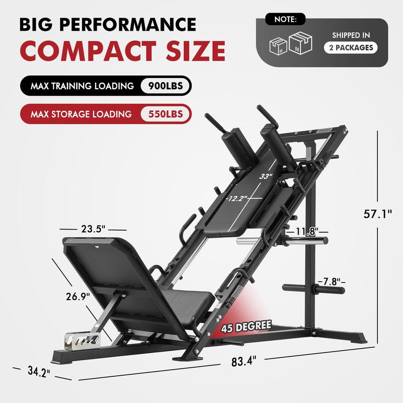 Leg Press & Hack Squat Machine Combo for Home Gym with Linear Bearings & Band Pegs Full-Range Leg Training Equipment 3-Angle Footplate 24.4"x13.8" Platform