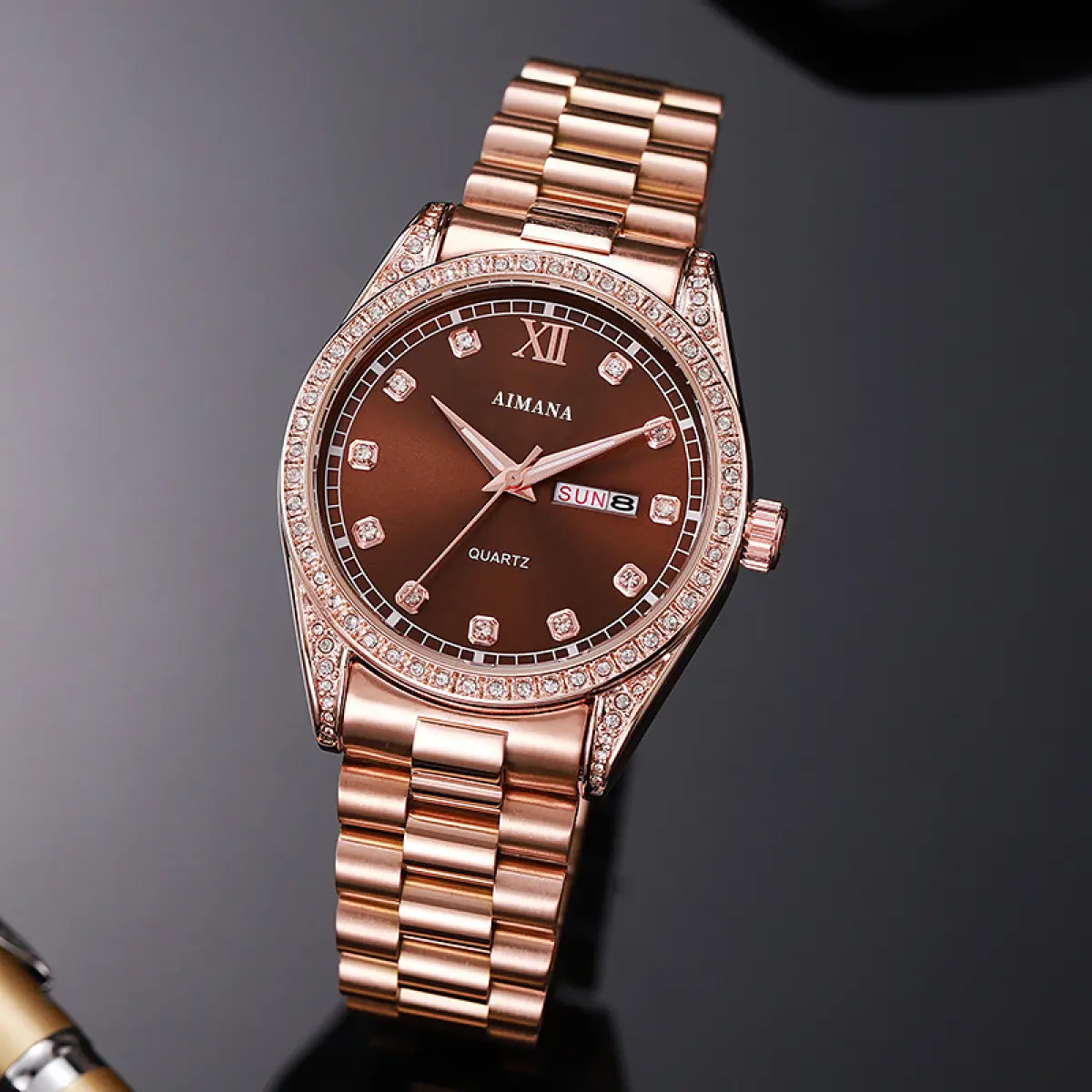 Luxury Swiss Diamond Men’s Watch - Luminous Quartz Movement, Day & Date Display, Waterproof Steel Strap with Pin Buckle for Quick On/Off, Polished Business-Ready Watches, Ideal Gift for Him