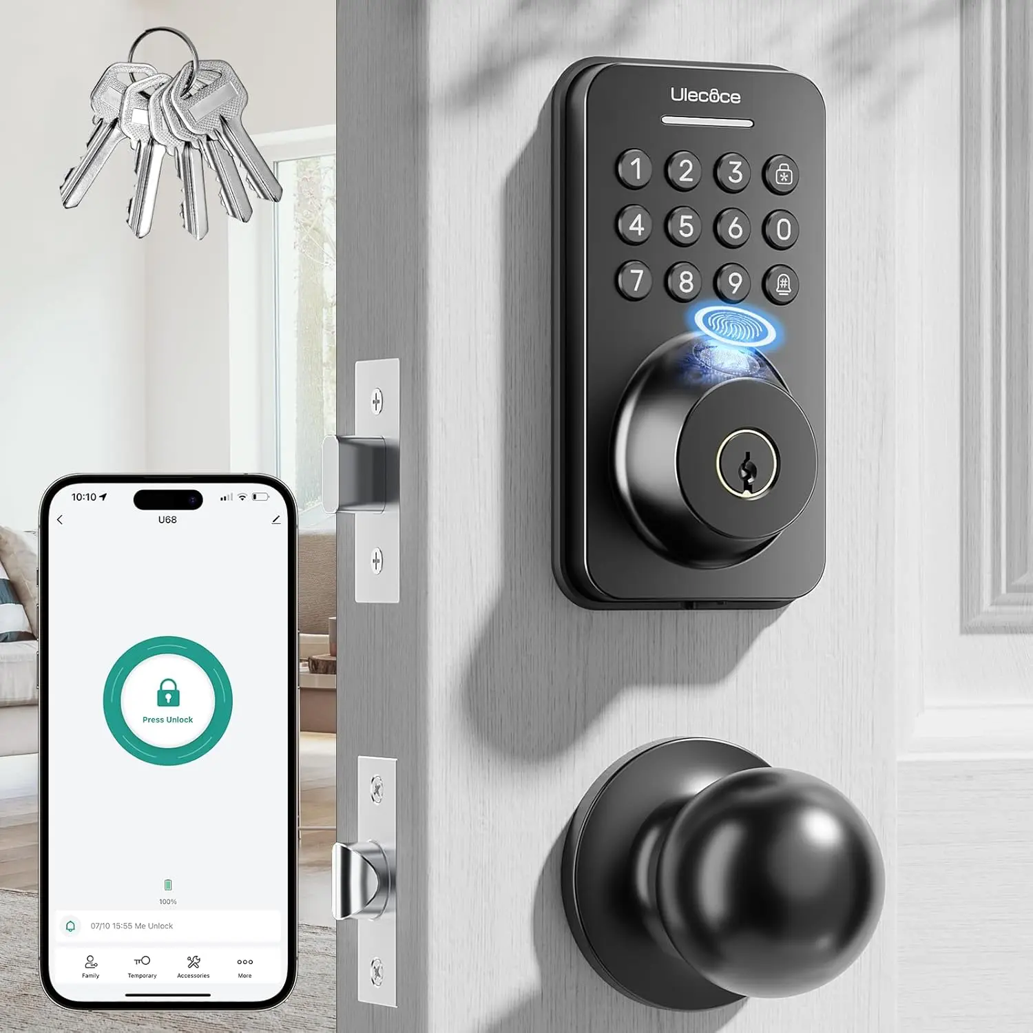 Ulecoce Matte Black Smart Fingerprint Keypad Deadbolt with Knob Set, Keyless Entry Front Door Device with App Control, Auto Lock, 1-Touch Lock, 100+ User Codes, 5 Keys, Easy Installation