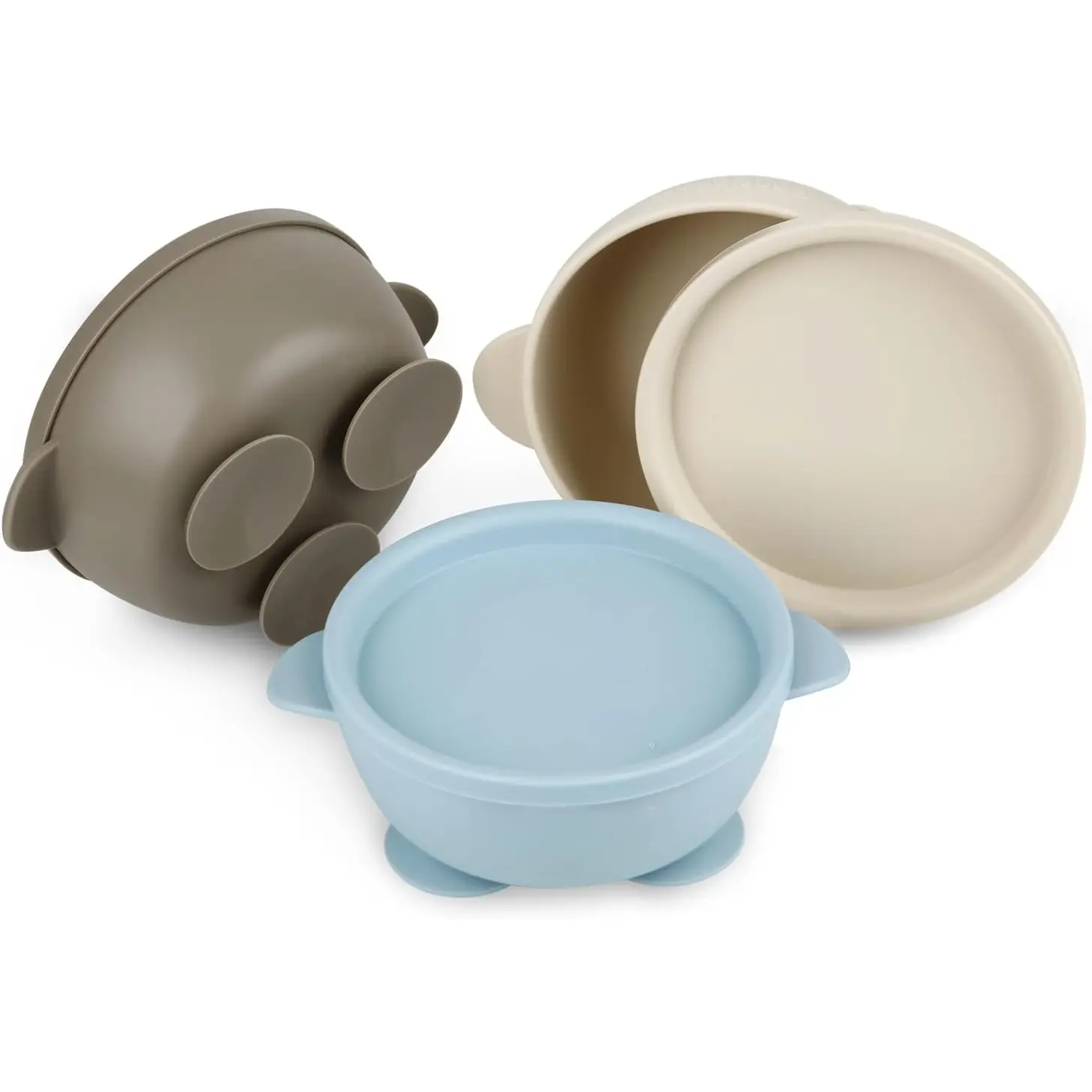 3 Pack  Suction Bowls with Lids| Leak-Proof Stay Put   Bowl for    |  Grade Soft Safe   (Blue Brown Tan)