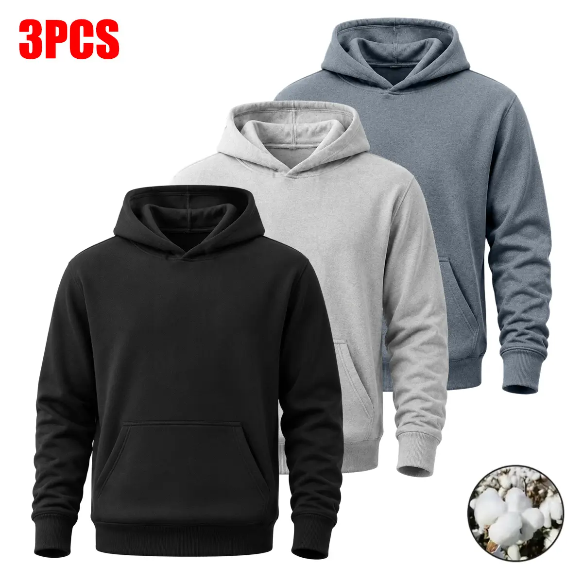 Set of 3 men’s hoodies—gear hoodie,new fleece-lined cotton casual streetwear pullover hoodies with long sleeves and crew necks; warm, sporty-casual, wearable as outerwear for autumn/winter in American style.